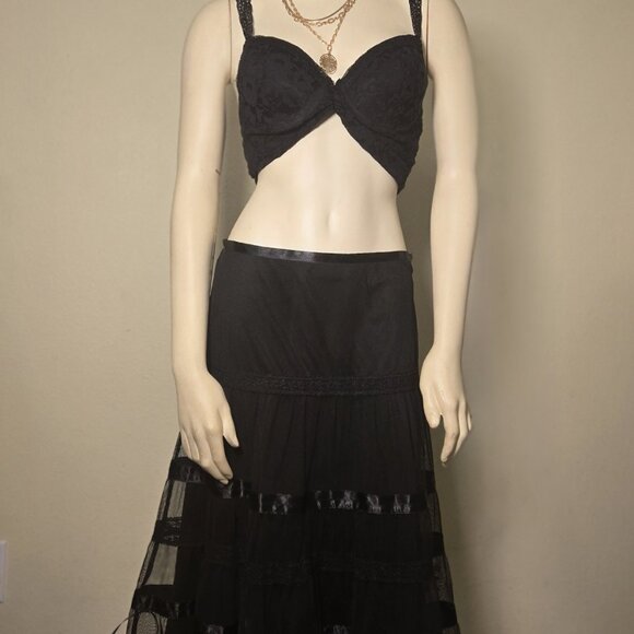 Vintage Express Black Sheer Tiered Maxi Skirt Y2K Goth Mesh Lace - Picture 2 of 5